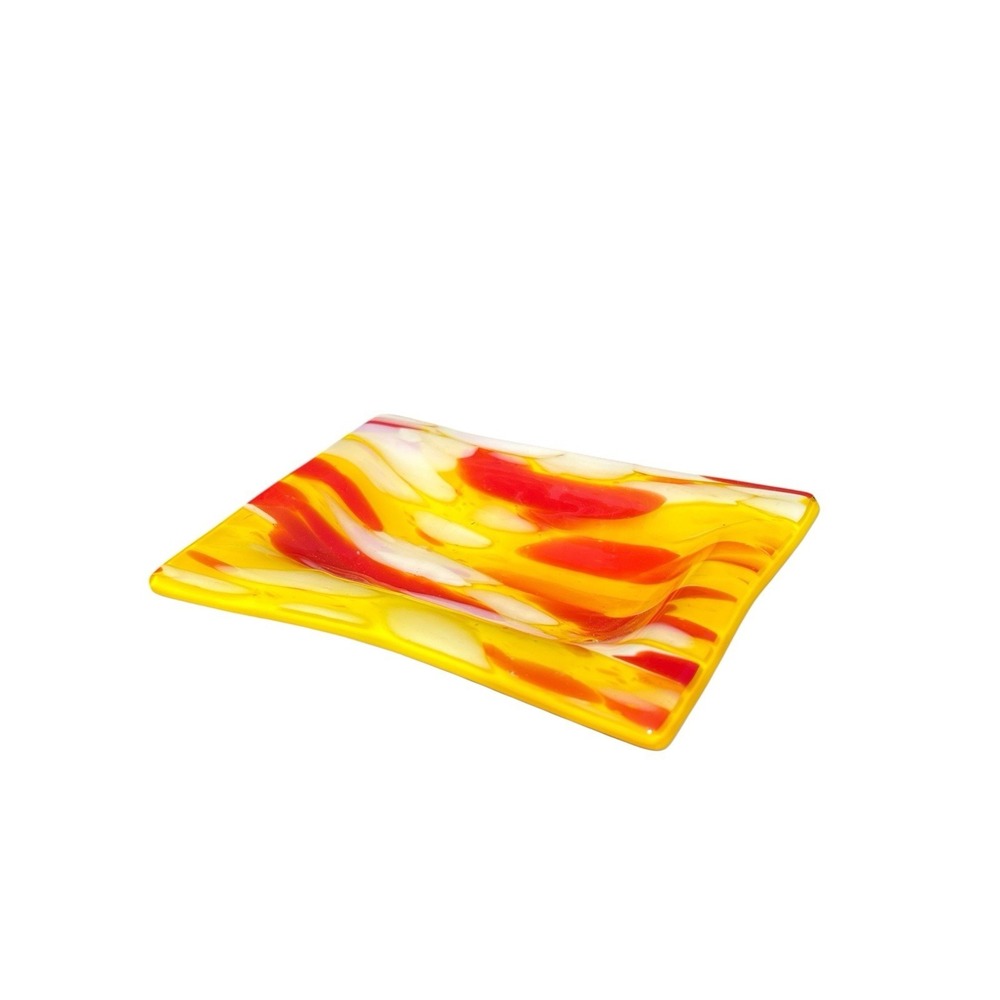 Unique Handmade Fused Art Trinket Dish‎ Tray Applied Glass 4"x6" Abstract Yellow